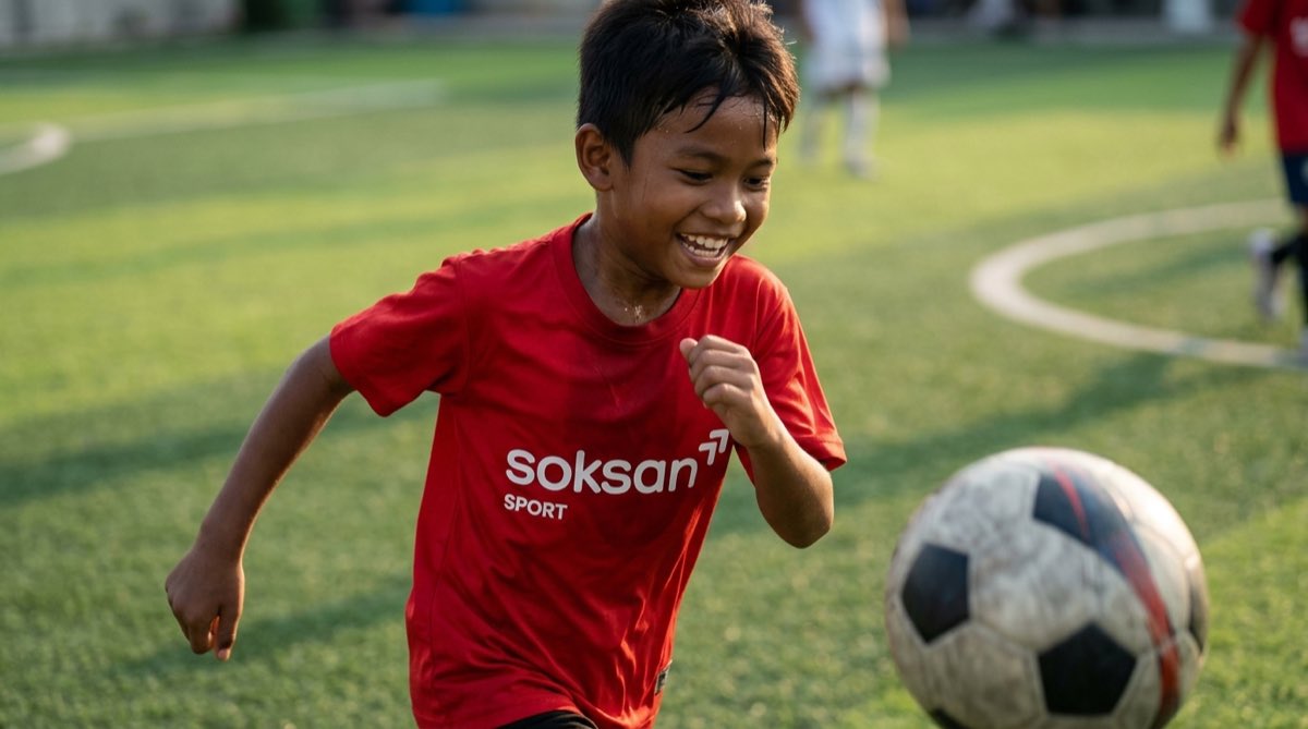 A boy in a red SOKSAN SPORT shirt running with the ball